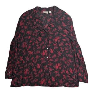 Vtg 1990s Elisabeth Black Red Floral Print Chiffon Collared Button Up Blouse 22